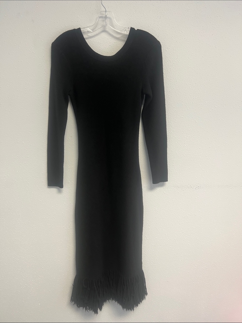 Sweater Black Long-Sleeve Fringe Hem Midi Dress